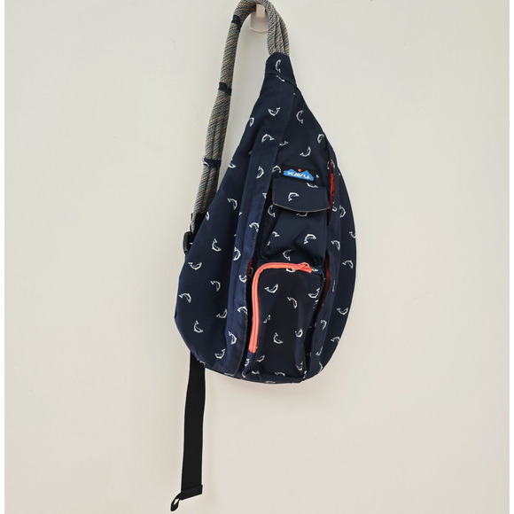 Kavu Rope Bag Backpack Slim Fish Print Pockets Navy Womens Canvas Hiking - Picture 1 of 10